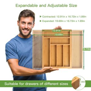 Organisateur de tiroir de cuisine personnalisé en gros en usine rangement de plateau à couverts en bambou extensible avec techniques sculptées pour chambre à coucher - Product Image 4