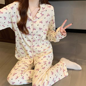 Sữa Lụa Của Phụ Nữ Dài Tay Áo Dài Quần Cao Cấp Cảm Giác Ve Áo Cardigan Ngọt Ngào In Homewear Đồ Ngủ - Product Image 4