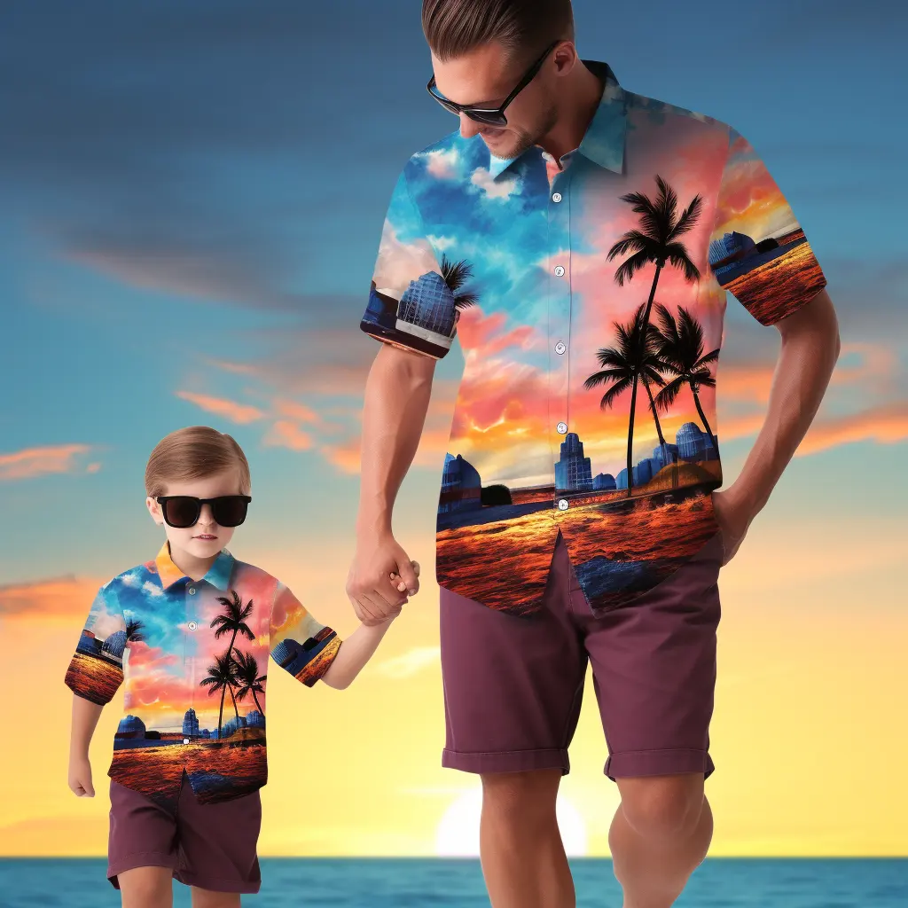 Verano personalizado impreso playa hombres manga corta dos piezas hombres padre e hijo familia hawaiana camisa conjunto para venta al por mayor