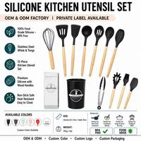 Set Peralatan Dapur Silikon 12 Buah dengan Logo Kustom, Gagang Kayu, Tahan Panas, Anti Lengket, Spatula, Sendok, Alat Masak OEM ODM