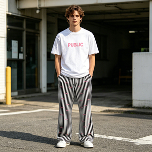 ODM Manufacturer Custom Flat Embroidery Lightweight Cotton Striped Pants Casual Elastic Drawstring Waistband Men's Flared Pants - Product Image 3
