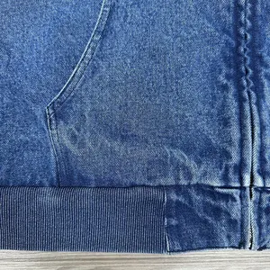OEM高品質アップリケ刺Embroideryデニムジップアップパーカーヴィンテージライトブルー2トーン洗濯巾着パーカー