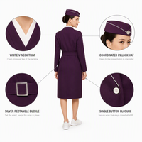 Robe d'uniforme d'hôtesse de l'air sur mesure OEM avec chapeau pillbox, une pièce ceinturée, uniforme d'équipage d'aviation pour compagnies aériennes