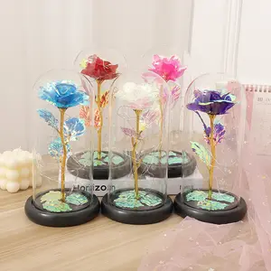 Artificial Valentine's Day Gifts Enchanted Golden Rose Led Lamp Gold Foil Rose In Glass Dome Decorative Flowers With Lights