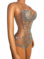 Combinaison courte sexy en maille transparente ornée de cristaux, tenue de clubbing, justaucorps de danse exotique, body à strass pour femme