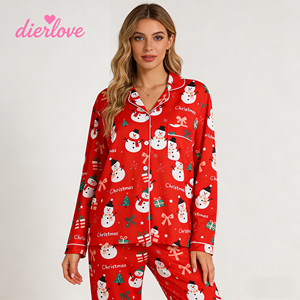 Piyama Set Dua Potong Wanita Musim Panas, Celana Panjang & Atasan Lengan Panjang, Bahan Satin, Pinggang Elastis, Bermotif Natal, Bernapas, Dengan Kantong - Product Image 4