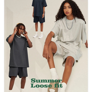 Ensemble deux pièces personnalisé pour homme, pull d'été, poids lourd, 100% coton tricoté, surdimensionné, uni, respirant, t-shirt et short - Product Image 2