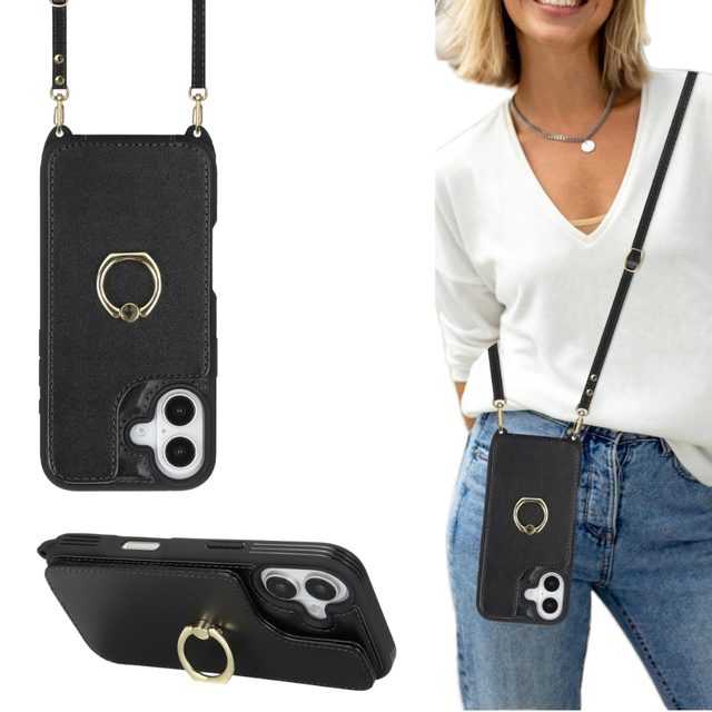 IDEAL Factory 360 Ring Holder Crossbody Lanyard Strap Leather Pocket PU Wallet Card Slot TPU Phone Case for iPhone 17 18 Pro Max