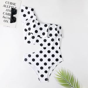 Traje de Baño Personalizado de Una Pieza para Mujer, Monokini con un Hombro Descubierto y Estampado de Puntos, Ropa de Playa Sexy con Volantes - Product Image 2