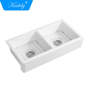 Évier de cuisine en céramique blanc à double bac, à encastrer, avec tablier frontal - Product Image 3