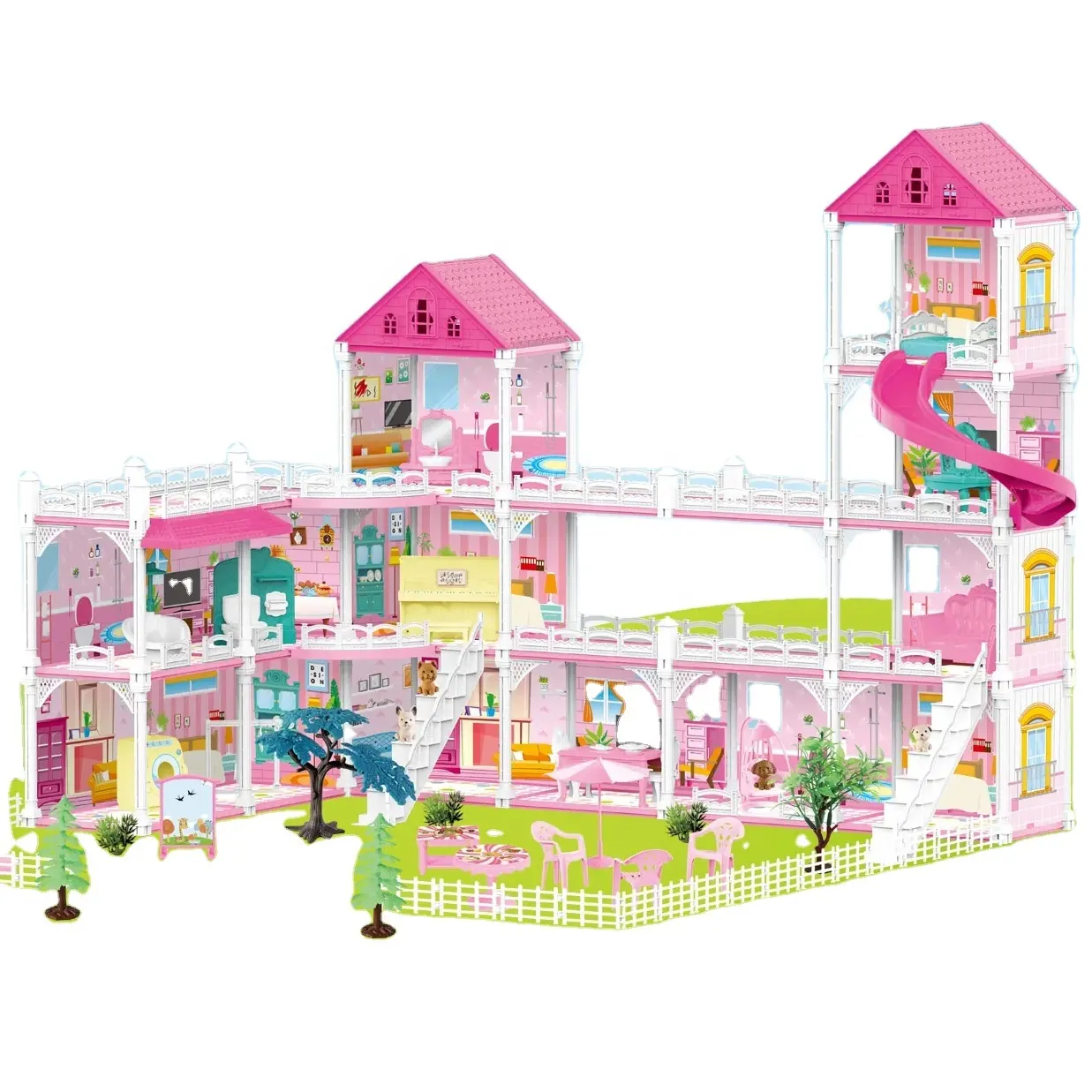 Giocattoli di plastica per bambini al coperto giocano casa grande rosa per bambini bambini case Villa di moda con 13 stanze 4 principessa