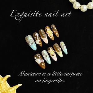 Unghie Finte Francesi Artigianali 3D Intagliate e Dipinte a Mano, Stile Europeo Americano Almond Island Nightingale, Rimovibili - Product Image 3