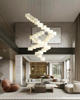 Lustre en cube d'albâtre espagnol de luxe léger, style moderne minimaliste, pour salon, escalier, villa duplex