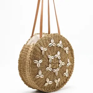 Borsa all'ingrosso fatta a mano rotonda di paglia estiva eco friendly spiaggia shell decorazione donne borse di paglia
