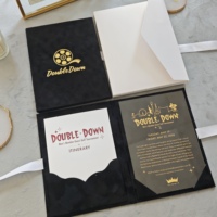 Invitations de mariage personnalisées en acrylique avec couverture rigide en velours et dorure à chaud, format folio, avec enveloppe en suède et ouverture à double volet