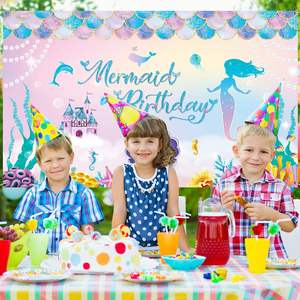 ฉากหลังวันเกิดเจ้าหญิงเงือกพร้อมเกล็ดกลิตเตอร์ สีม่วง สีเขียวอมฟ้า เปลือกหอย ของตกแต่งงานปาร์ตี้เด็กสำหรับเทศกาลอีสเตอร์ - Product Image 4