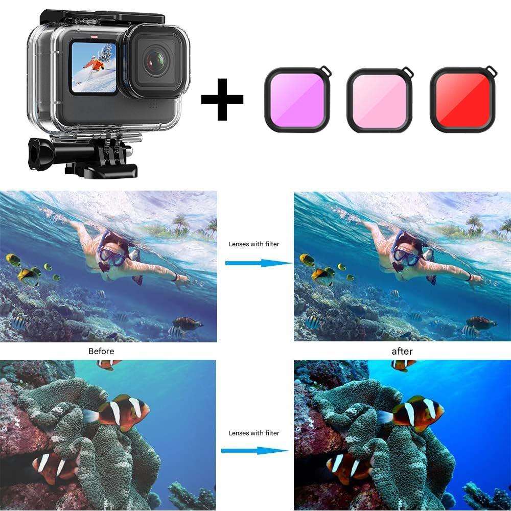 Hongdak for GoPro Accessories 9/10/11/12/13 Waterproof Housing Silicone case Filter Tempered Glass Film Float Stick Set