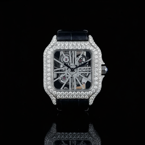 Montre en diamant Moissanite demi glacé de qualité supérieure ceinture en cuir noir cadran squelette carré affichage de haute qualité résistant à l'eau - Product Image 1