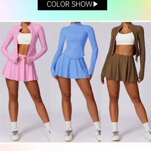 Setelan Tenis Wanita 2 Potong Pakaian Pelindung Latihan Jaket Tenis Lengan Panjang dengan Ritsleting dan Rok Setelan Kebugaran Gym - Product Image 2