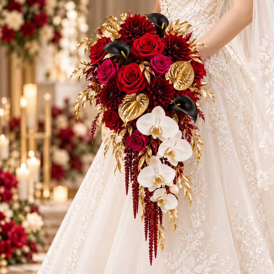 Red Rose Colouring In Waterfall Bridal Bouquet Artificial Red Gold Rose Amaranthus Trailing ...