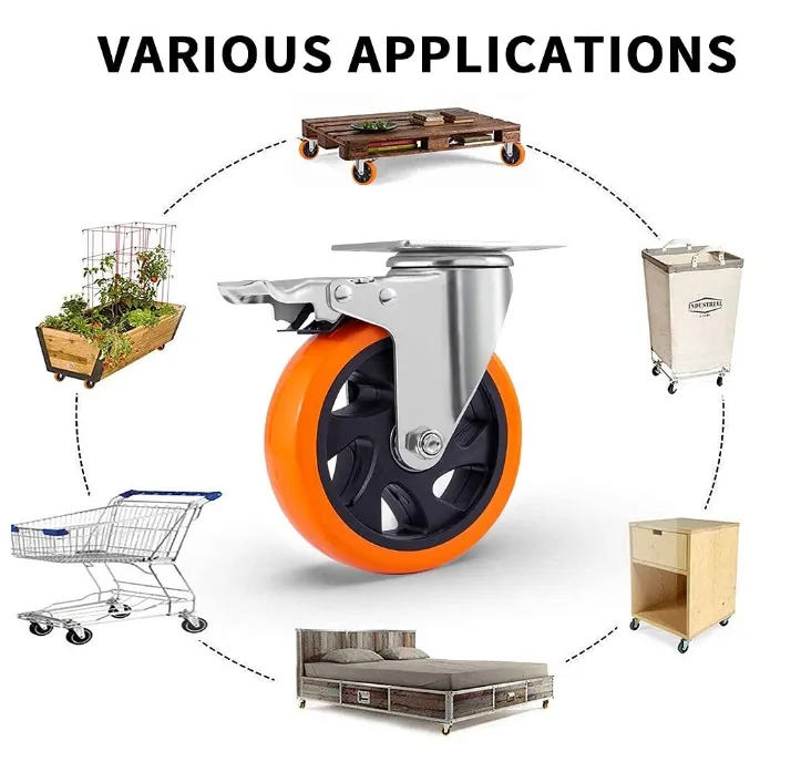 Roulettes en polyuréthane orange de 4 pouces, plaque supérieure, roues pivotantes, roulettes industrielles avec frein