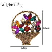 Adorable broche panier de fleurs de style chinois, diamants colorés vintage - Série florale dorée, épingle en alliage pour Noël, accessoire de bijouterie