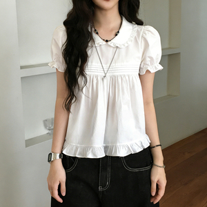 Blusa Linda y Dulce Estilo Babydoll de Manga Corta con Cuello Camisero, Corte Holgado, Cintura Alta y Color Sólido para Mujer - Product Image 2