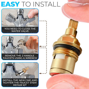 Tige de valve de robinet d'évier de salle de bain en laiton 2pcs <span class=keywords><strong>disque</strong></span> en céramique chaud et froid 20 dents quart de tour 1/2,50mm X 10mm robinet de longueur cannelée - Product Image 3