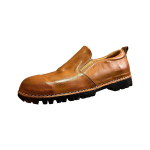 Qhccid Mocasines de cuero de caballo lavado para hombre, zapatos informales sin cordones, tacón bajo, color ámbar, negro, hilo de coser de color sólido - Product Image 2