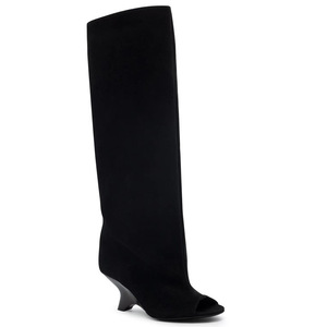 Élégantes <span class=keywords><strong>bottes</strong></span> hautes décontractées pour femme en daim <span class=keywords><strong>beige</strong></span>, à bout ouvert et talon compensé courbé, pour le shopping et les activités de plein air - Product Image 3