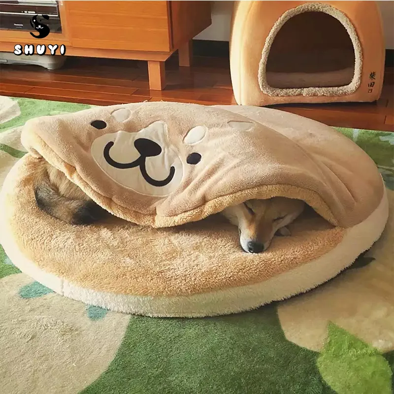 Funda de cama de lujo para perros, lavable, bonita cama caqui para mascotas, redonda, cálida, suave, Shiba Inu, cojín para perros