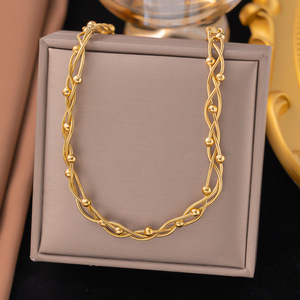 Waterproof Hypoallergenic Wholesale Stainless Steel 18K Gold Wedding Flat Wave <b>Beaded</b> Necklace Bracelet Jewelry <b>Sets</b> Women - Product Image 2