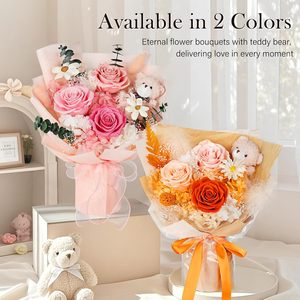 Ramo <span class=keywords><strong>de</strong></span> Hortensias y Rosas Preservadas en Color Naranja con Oso <span class=keywords><strong>de</strong></span> Peluche, Regalo Floral Hecho <span class=keywords><strong>a</strong></span> Mano <span class=keywords><strong>de</strong></span> Larga Duración para <span class=keywords><strong>Cumpleaños</strong></span>, San Valentín, Mamá, Novia - Product Image 6