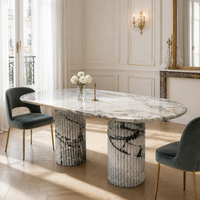 Table à manger Ocean Storm, plateau ovale en marbre naturel, base à colonnes cannelées, table de conférence en pierre de luxe pour la maison, l'hôtel, le restaurant