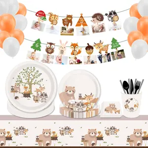 MM048 יער בעלי החיים מסיבת סט לשרת 8 יום הולדת ילדים מסיבת אספקת כלי שולחן וודלנד נייר צלחות למסיבה