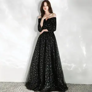 Женское винтажное вечернее платье, черное блестящее платье-трапеция с круглым вырезом, рукавом до локтя, длинное платье до пола для выпускного вечера,