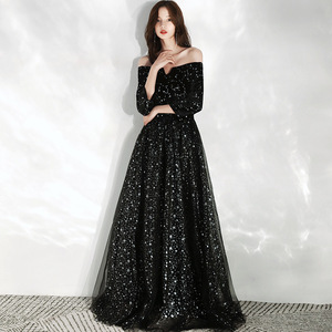 Abito da sera a-line <span class=keywords><strong>paillettes</strong></span> nere brillante o-collo mezza manica abito da ballo formale donna Vintage lungo fino al pavimento abito da festa - Product Image 1