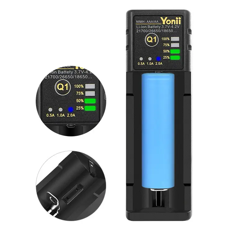 New Arrival YONII Q1 1-Slot 18650 USB 3.7-4.2V 26650 Smart Multifunctional Intelligent Universal Lithium Battery Charger