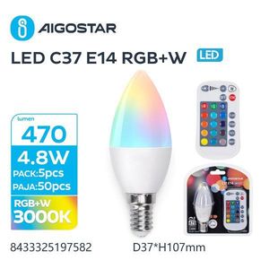 Aigostar Led C37 E14 <b>Rgb</b>+W 4.8W 470Lm With Remote <b>Control</b> Smart Bulb - Product Image 1