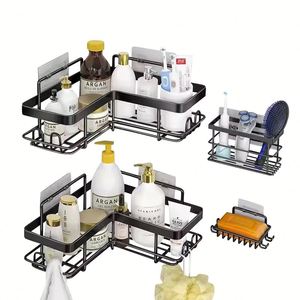 Lot de 2/3/4/5 étagères de douche adhésives en acier inoxydable sans perçage, organisateur de rangement d'angle, support de douche à suspendre sur la porte - Product Image 1