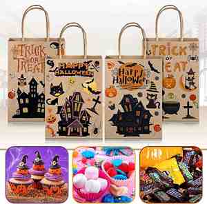 Bolsa de Regalo de Papel Kraft Reciclable OEM para Halloween con Asa Larga, Diseño de Calabaza y Castillo, Adhesivo de Halloween, para Velas y Dulces - Product Image 3