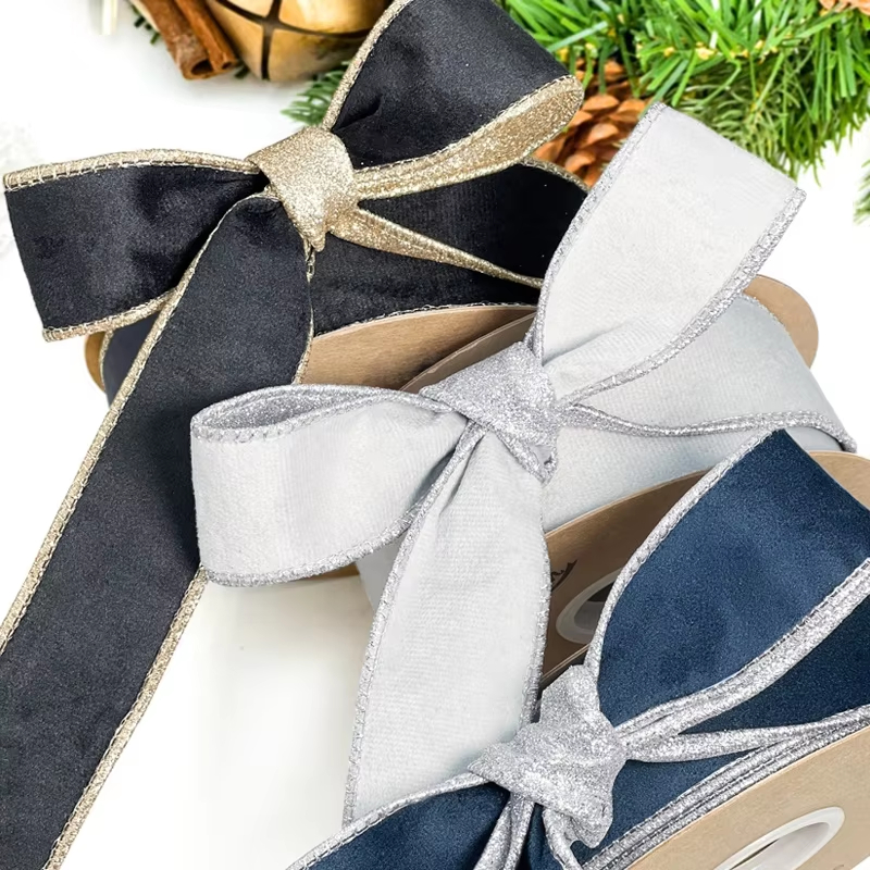 Christmas Tree Wedding Wreath DIY Gift Wrapping Decoration Ribbon Custom Size Glitter Wired Edge Polyester Eco-Friendly Custom