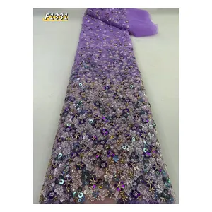 2023 Hot Sale Embroidered Mix Color Beaded Sequins Lace Tulle Dress Wholesale french lace fabric gradual change color wedding