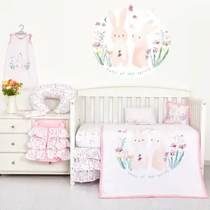 卡通兔子主题奢华婴儿床上用品婴儿床套装新生女婴婴儿床床上用品套装