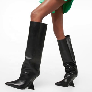 Strange Heels Women's Knee High Boots Fashion Pointed Toe Wedge Shaped Heel Long Booties Wide Fit Top <b>Shoes</b> - Product Image 1