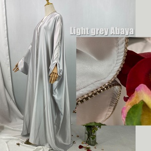 1427#B New Arrival Muslim Women Silver Diamond <b>Cardigan</b> Islamic Clothing Light Shiny Satin Silk Abaya With Split Cuff - Product Image 2