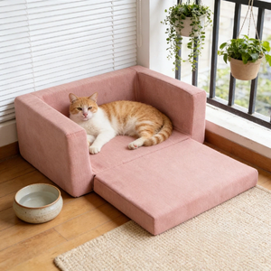 Luxuriöses Faltbares Modernes Rechteckiges Solides Katzenbett für Kleine und Mittelgroße Hunde und Katzen Texturiertes Hanfgewebe & Schaumstoff Hundebett - Product Image 1