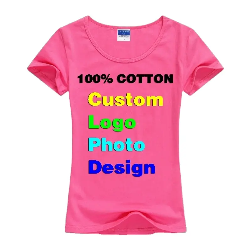 Slanke Sexy Custom T-Shirt Logo Foto Tekst Print Voor Dames Dames Zomer Cool Basis Katoenen T-Shirt Korte Mouw T-Shirt