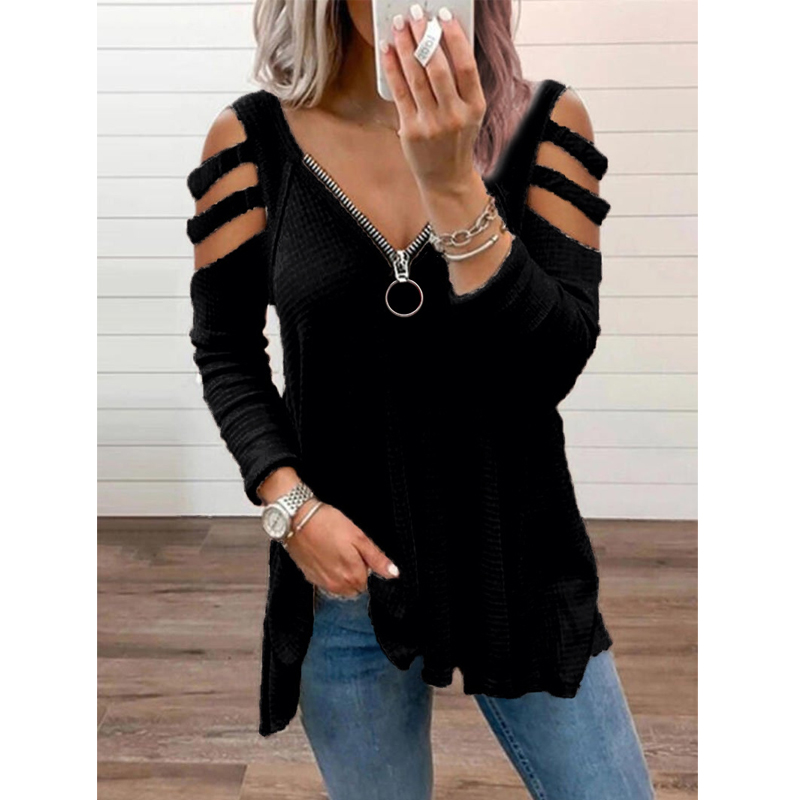 New Womens Cold Shoulder Trendy Sexy V Neck Zipper Low Cut Waffle Casual Plus Size Blouse Cut Out Tops