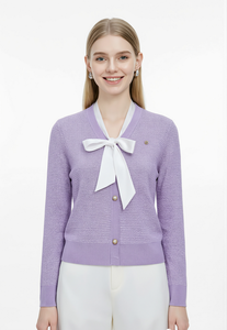 Cardigan da Donna in Maglia con Effetto Due Pezzi, Scollo a V con Fiocco, Bottoni in Perla, Maniche Lunghe, Colore Viola - Product Image 2